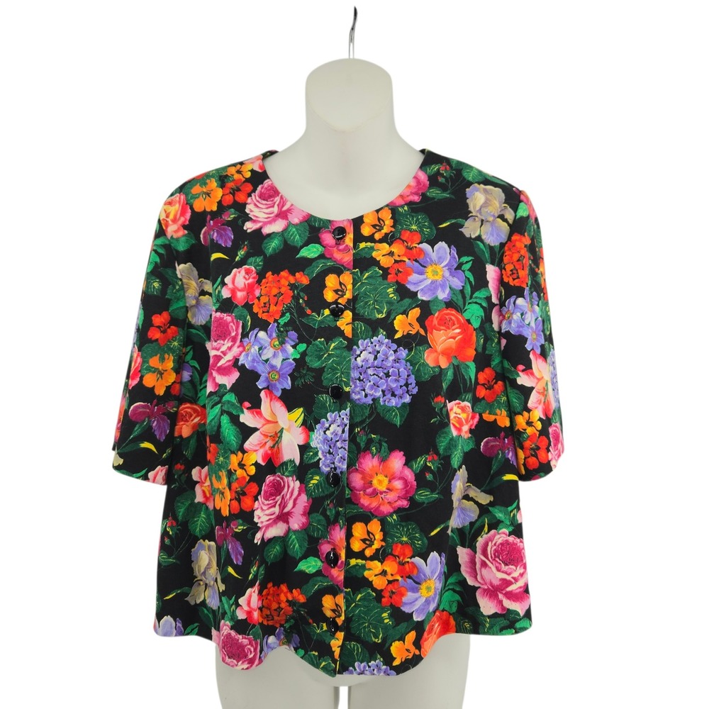 A.S. Elliot Button Front Blouse Womens 14W Black Floral Vintage USA USA Colorful